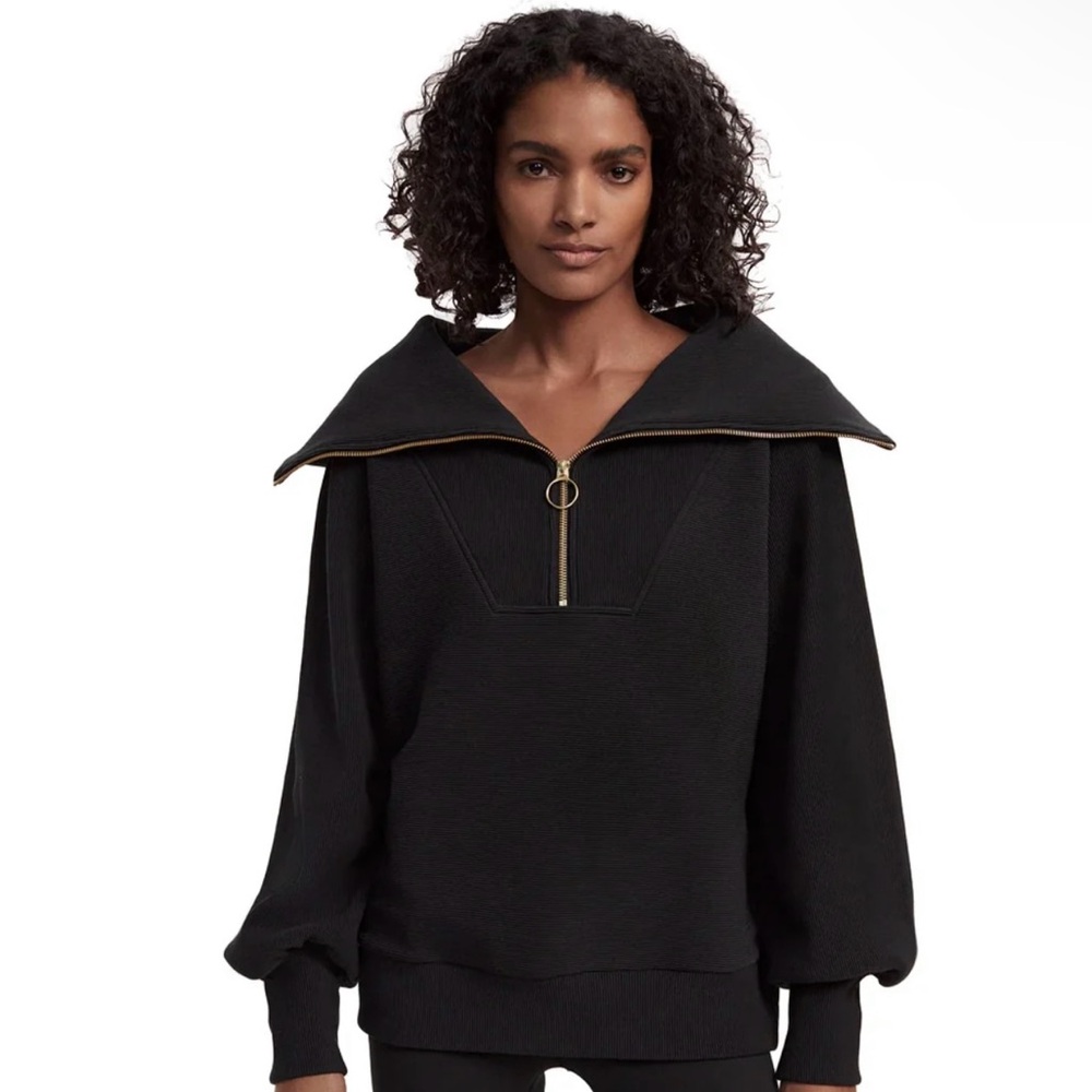 Varley Black Zip-Front Funnel Collar Sweater